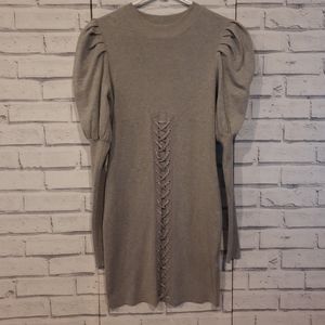 Akira Women's Size L Sweater Dress Gray Lace Front Puff Sleeve